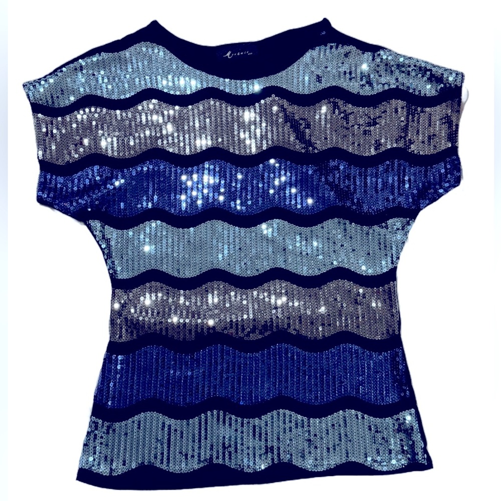 Sequin Striped Women's Top - Blue and Silver